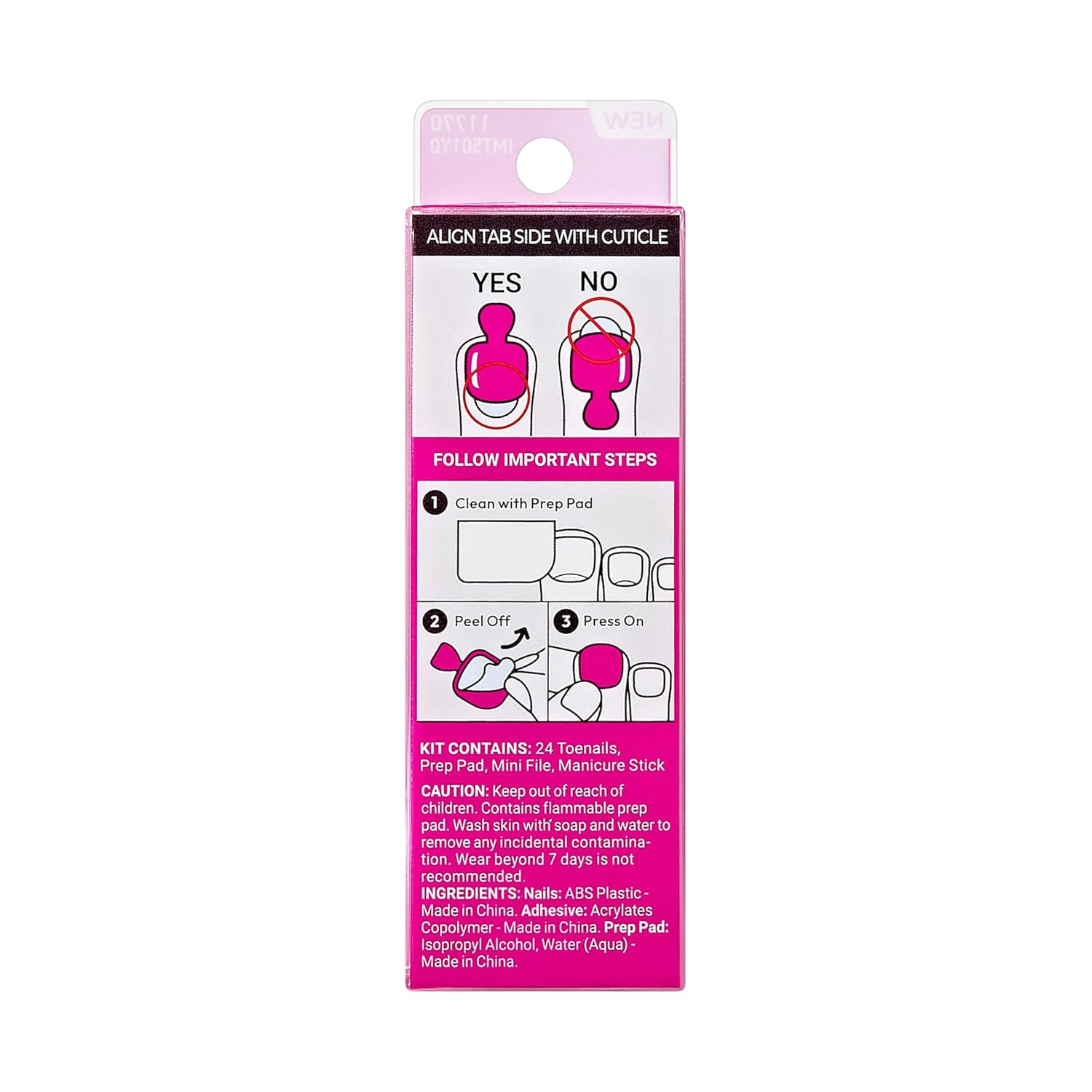 KISS Impress No Glue Mani 30 Pcs Press on Toenails, Hot Pink Stick on Extension