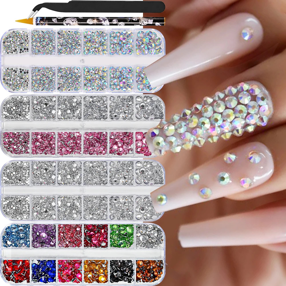 12grids Half Round Pearls Beads 3D Nail Charms 1.5/2/2.5/3/4/5mm White Flatback