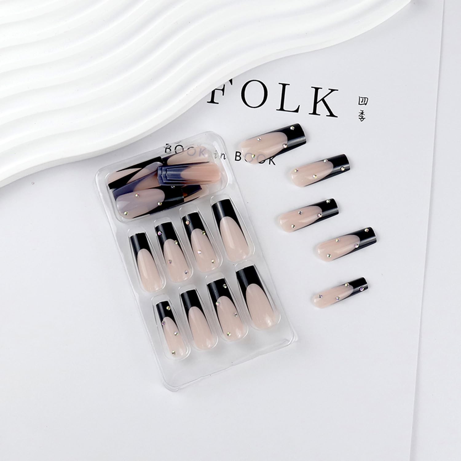 Press on Nails Long Coffin Black French Fake Nails, Rhinestones Acrylic Nails…