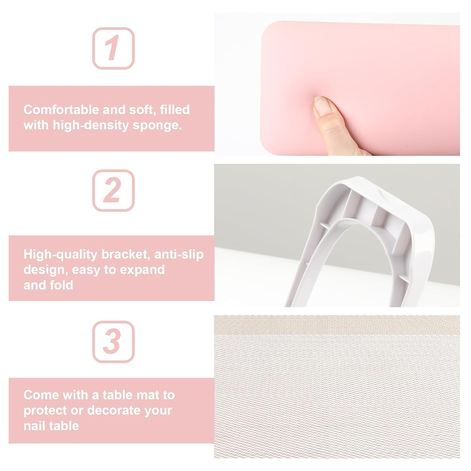 Pink Foldable Nail Arm Rest with Microfiber Cushion & Space-Saving Table Mat