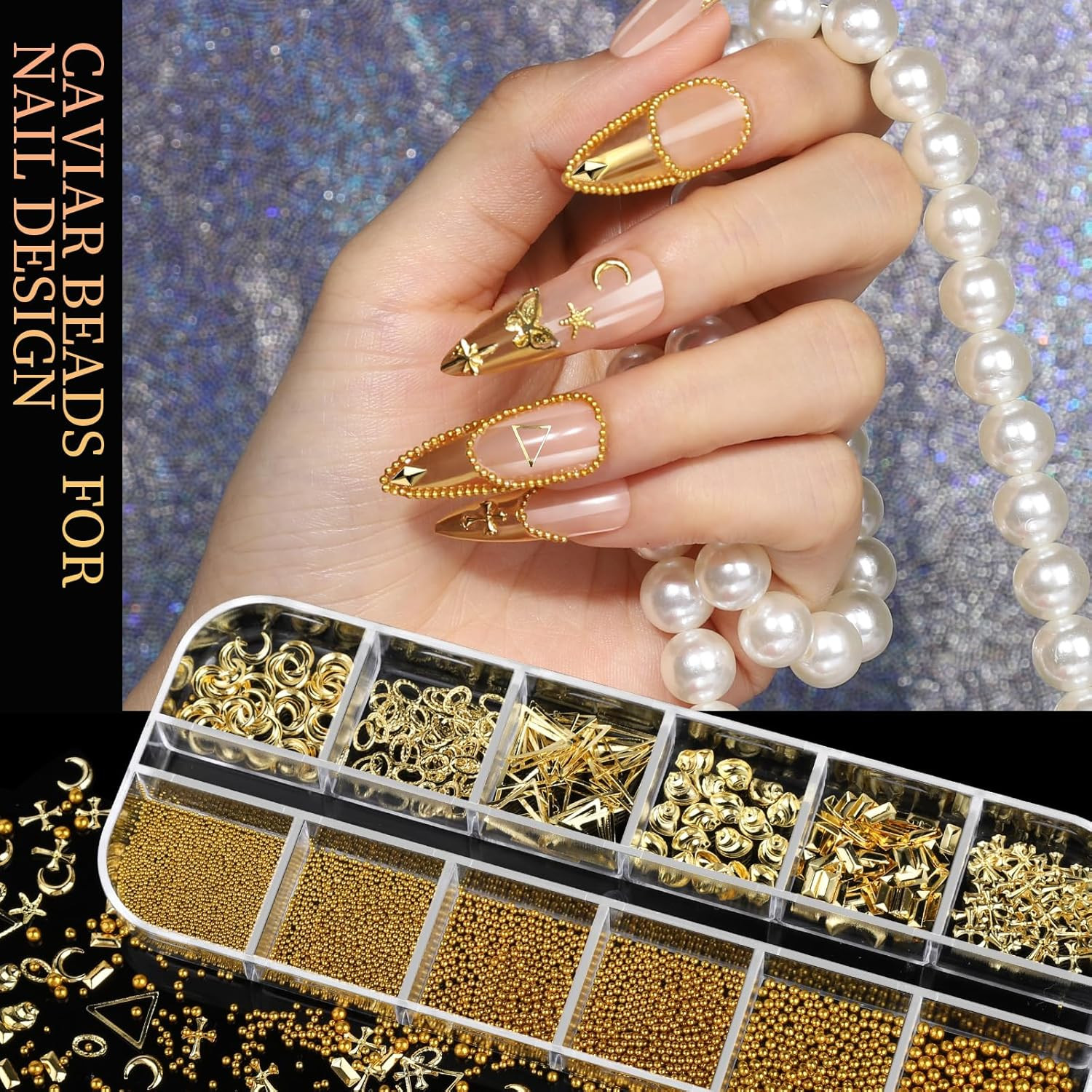 Gold Nail Charms & Gems Set – 3D Rhinestones & Pearls for Nail Art