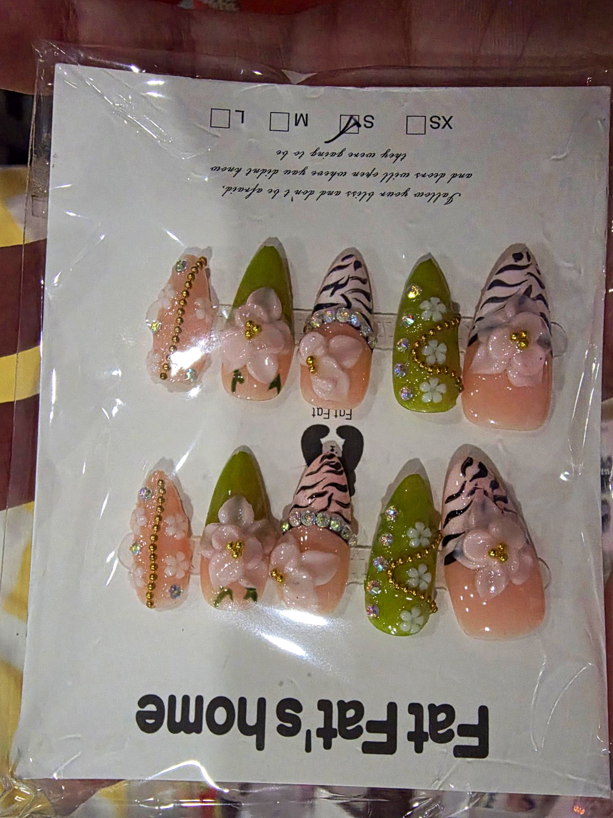 Almond Shape Press-On Nails Pink/Green 3D Full Cover Floral Zebra