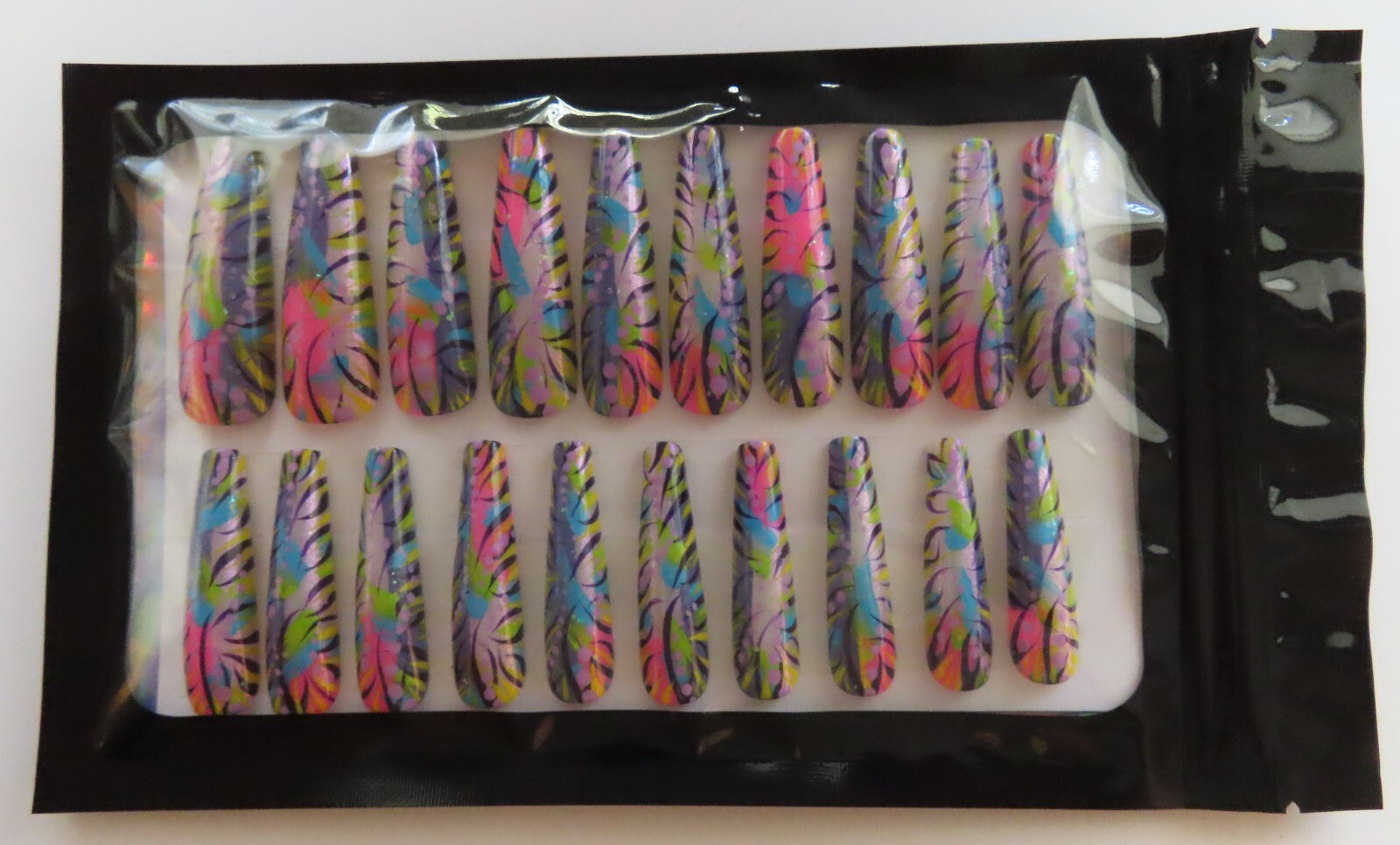 XL Pink Purple Black Blue Green Yellow Abstract Glitter Coffin Press On Nails