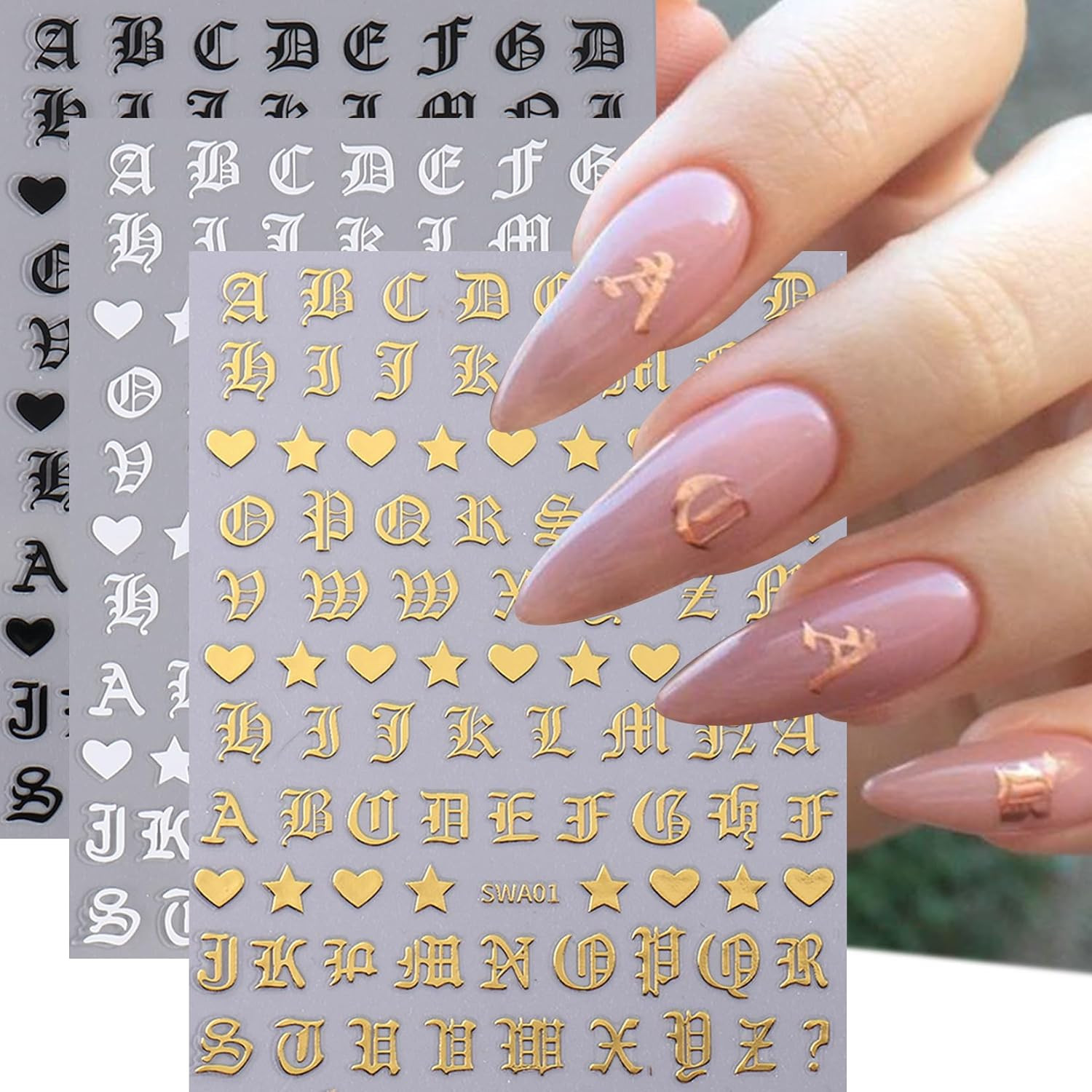 Letters Nail Art Stickers Decals 12 Sheets Alphabet Initial Nail Decals 3D Self-