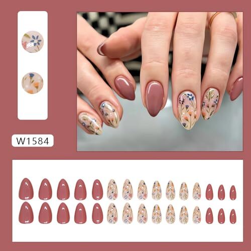 Short Press on Nails Almond Brown Flower Nails Press Ons Extra Short style6