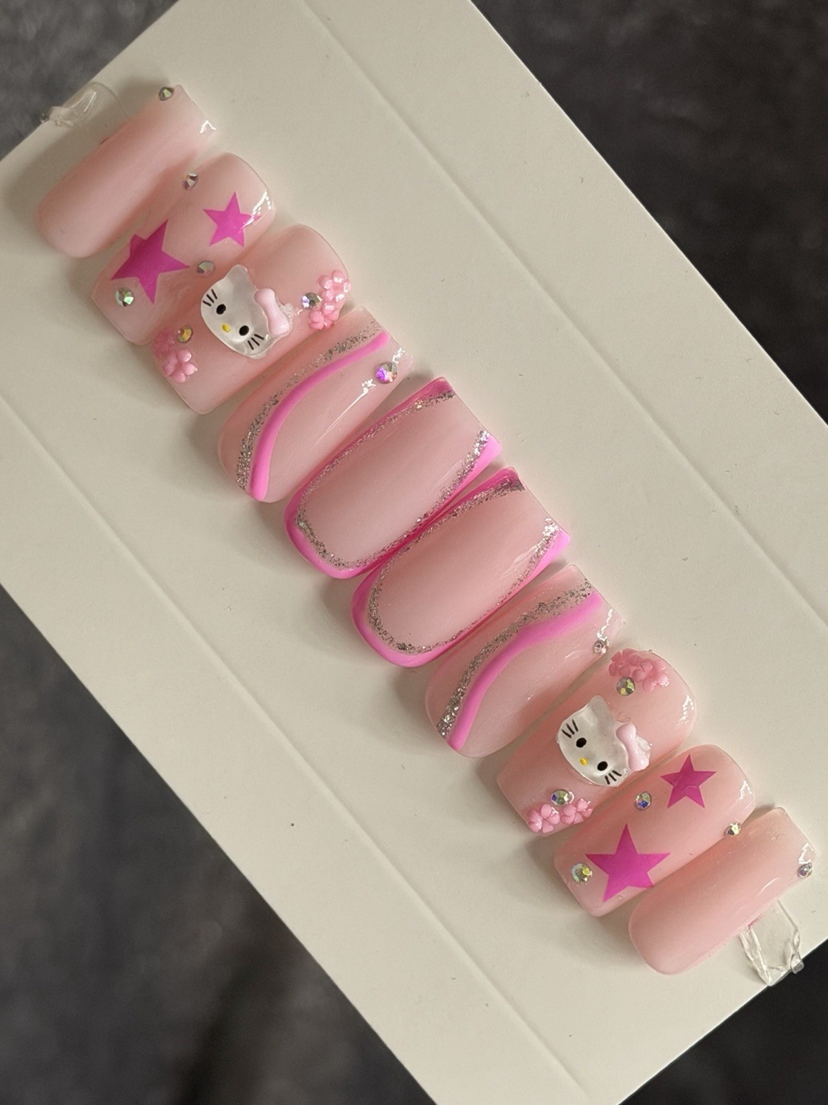✨ CUSTOM Press On Nails Nude PINK HELLO KITTY BLING 10p SET W Kit