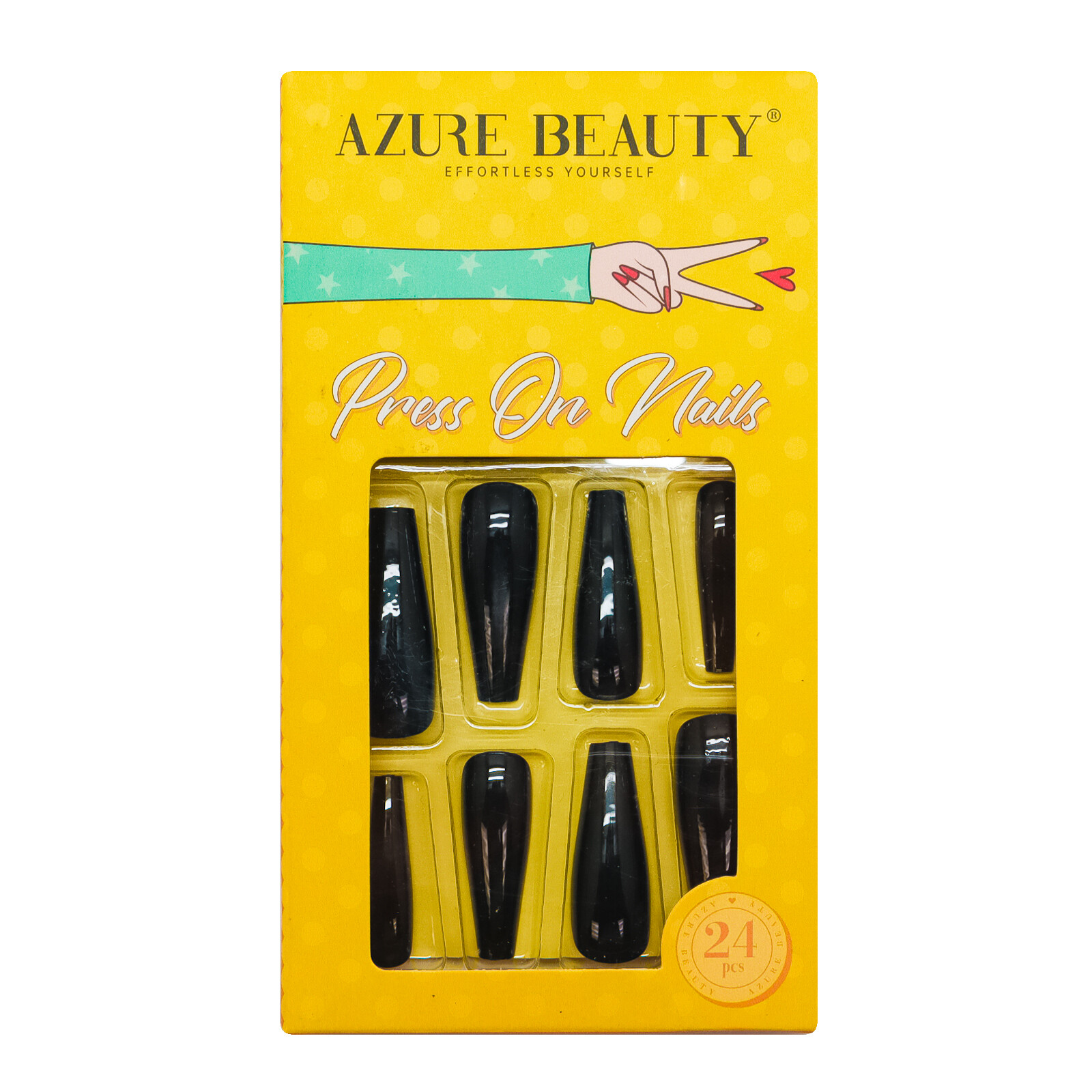 Azure Beauty 24 Piece Adhesive ABS Plastic Press On Black Long Coffin Nails