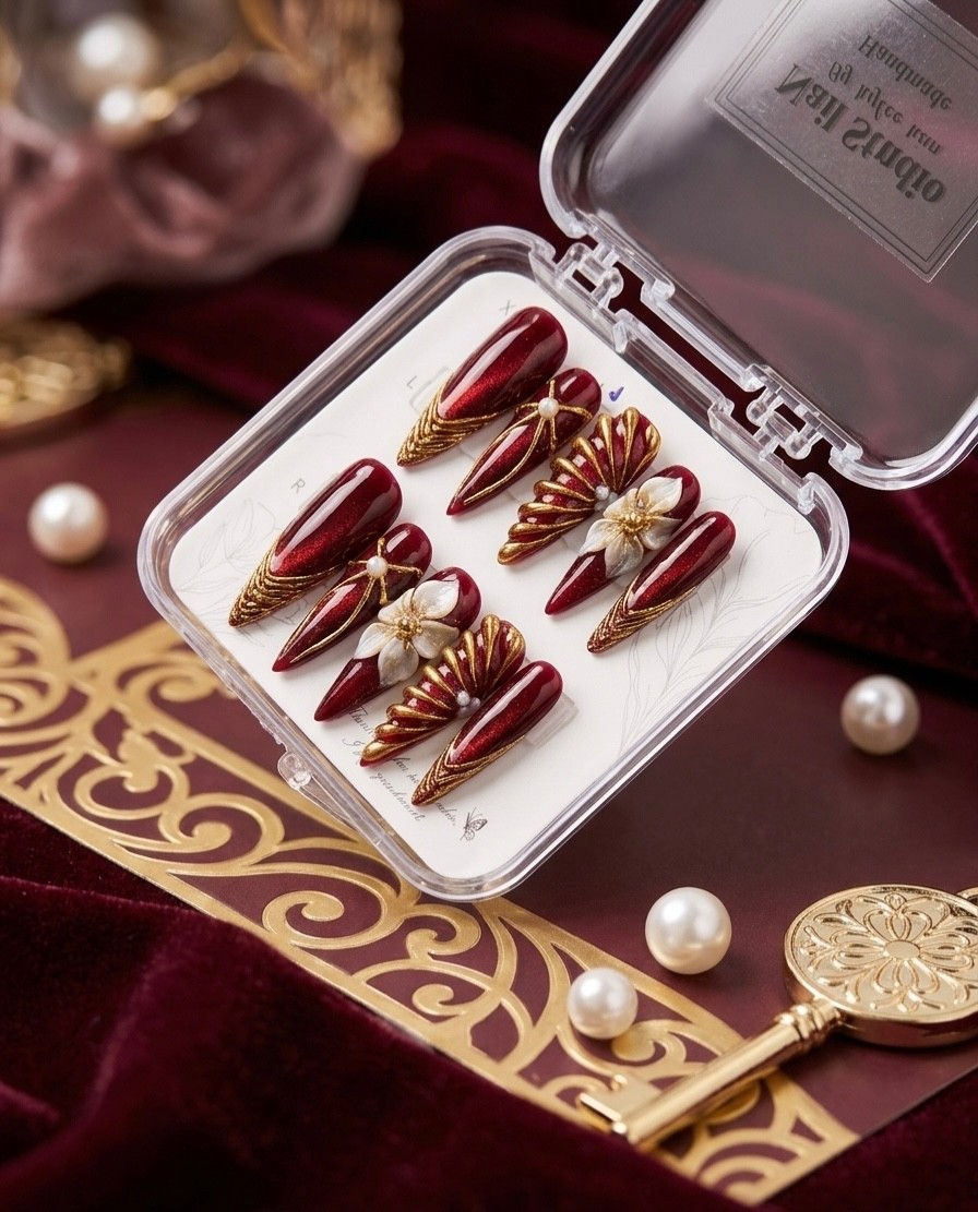 Royal Crimson & Gold Petal Handmade Press-On Nails 3D handmade