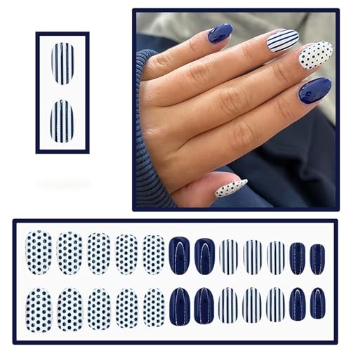 Blue Polka Dot Press On Nails Almond Short Fake Nails Glossy short-designs8