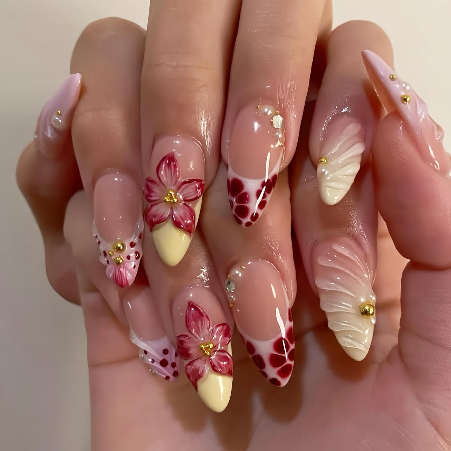 24Pcs Flowers Press on Nails Medium Almond Fake Nails 3D Floral with Gold Beads