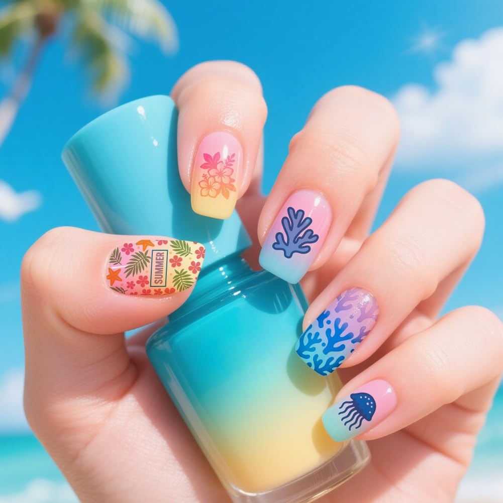 4Pcs Nail Stamping Plates Set Summer Beach Hawaii Nail Art Stamper Templates …