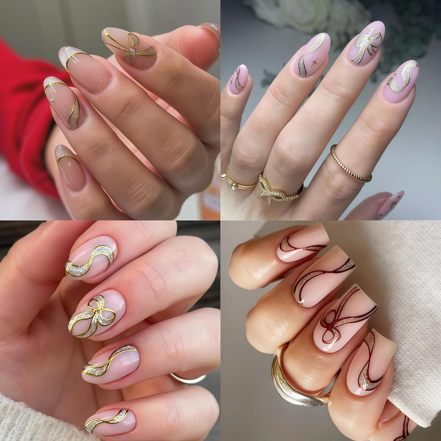 6 Sheets Bow Nail Art Stickers Bows Stickers for Nails 3D Self Adhesive Gold Red