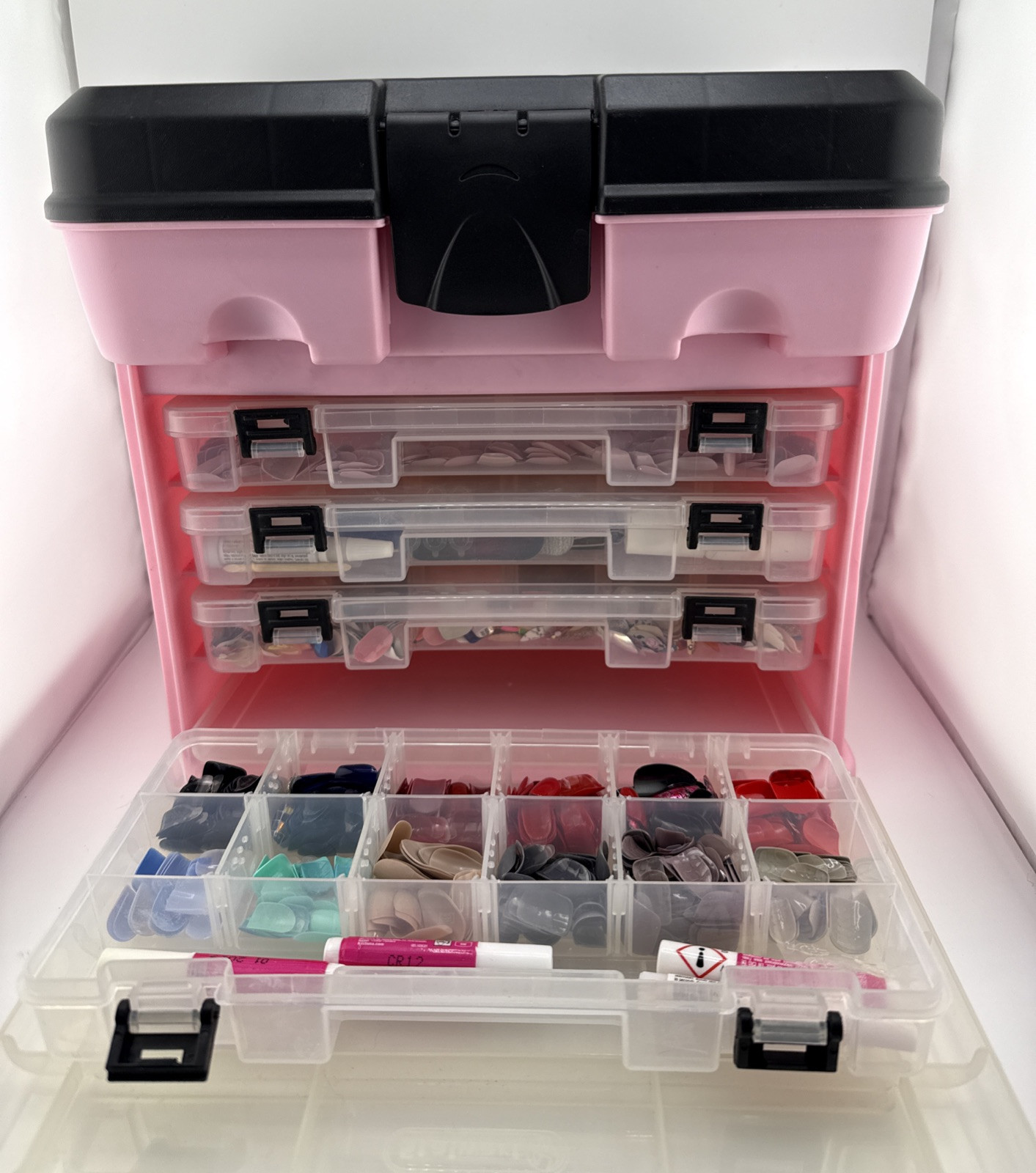 Huge Lot of Mixed Press On Nails w/ Glue, Stickers, & Stalwart 4 Draw Tool Box