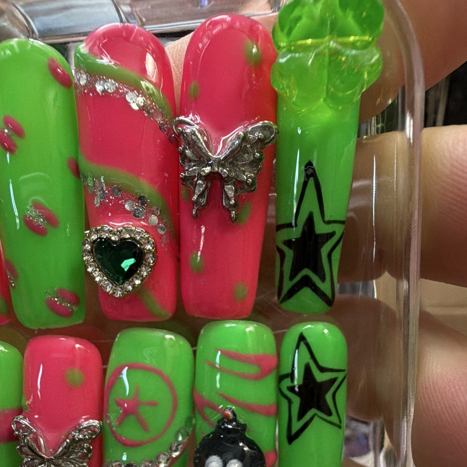 3D Glitter Coffin Press-On Nails Long Full Cover Green Pink Shiny Star