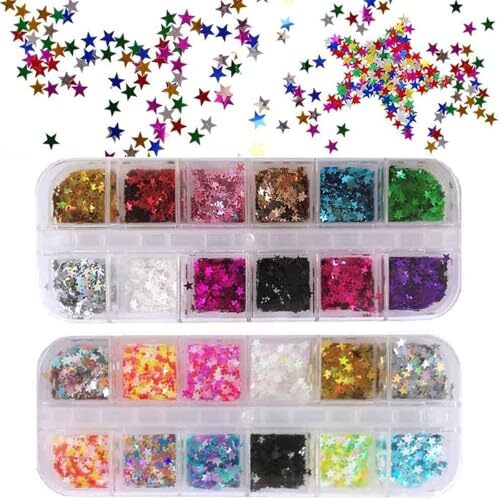 Star Glitter Confetti, 24 Boxes Stars Holographic Sequins 3D Star_24 Grids