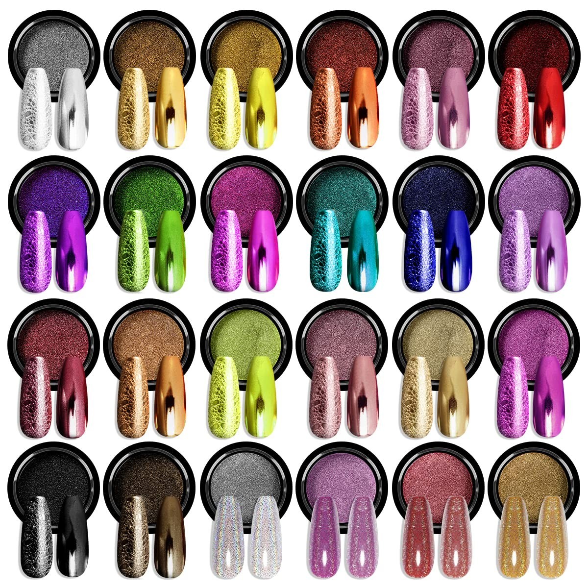 24 Colors Chrome Nail Powder Set – Metallic Mirror Effect Holographic Gel Nail A