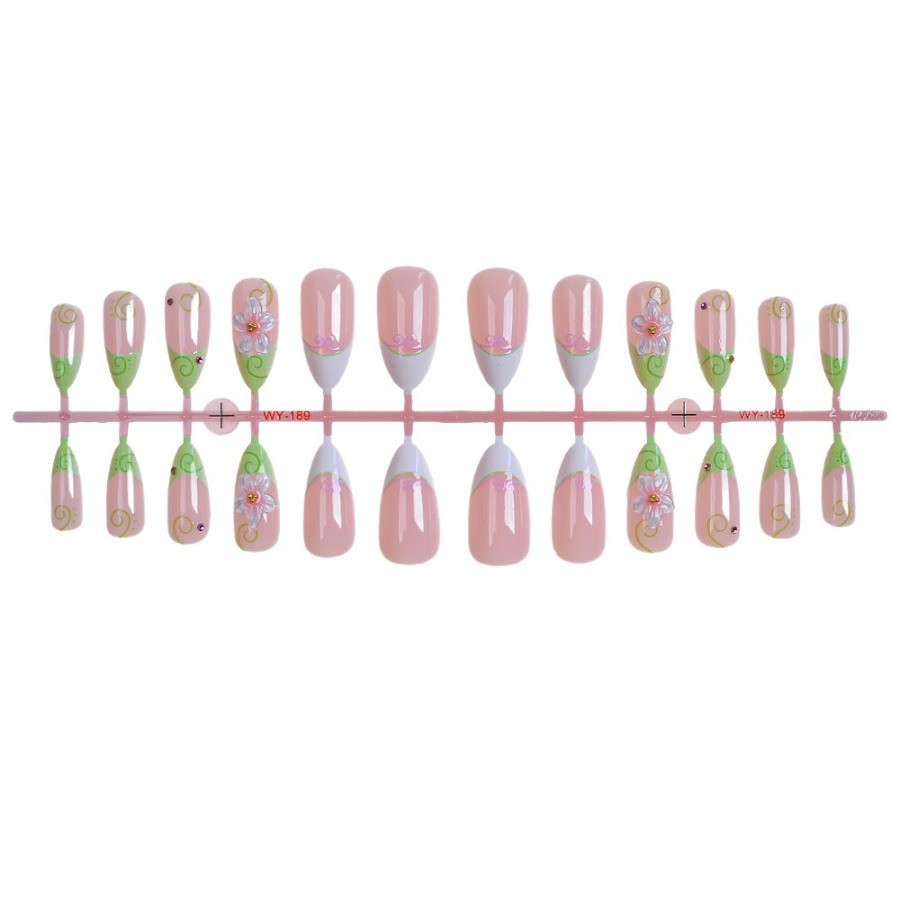 48Pcs-Long Almond Light Green French Cherry Blossom Rhinestone Press on Nails