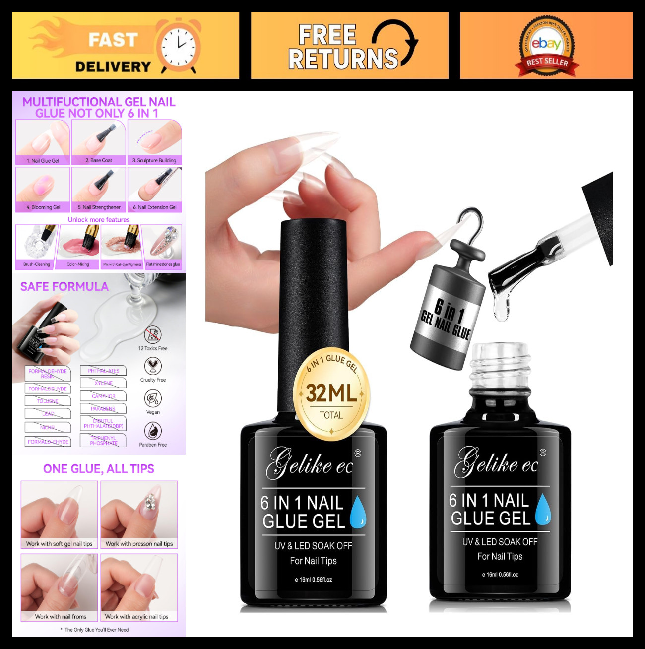 32ML UV Nail Glue Gel – 6 in 1 Strong Adhesive for Acrylic & Press-On Nails, DIY