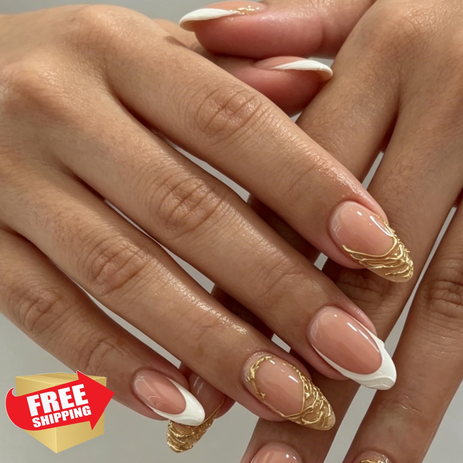 Tephrent White French Tip Almond Nails Gold Lines