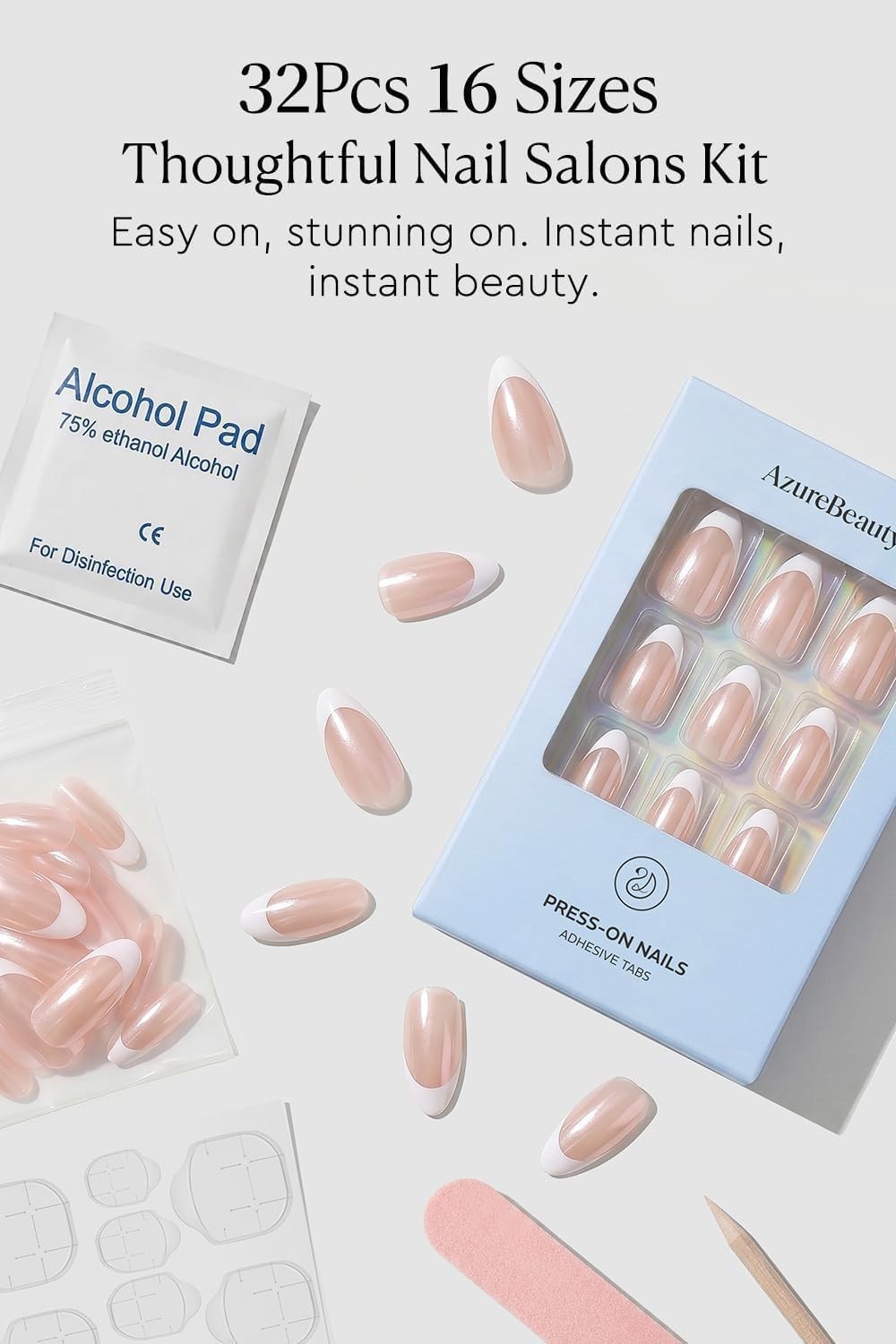 AzureBeauty Short Almond French Tip Press On Nails, Glazed Donut, 32 Pcs