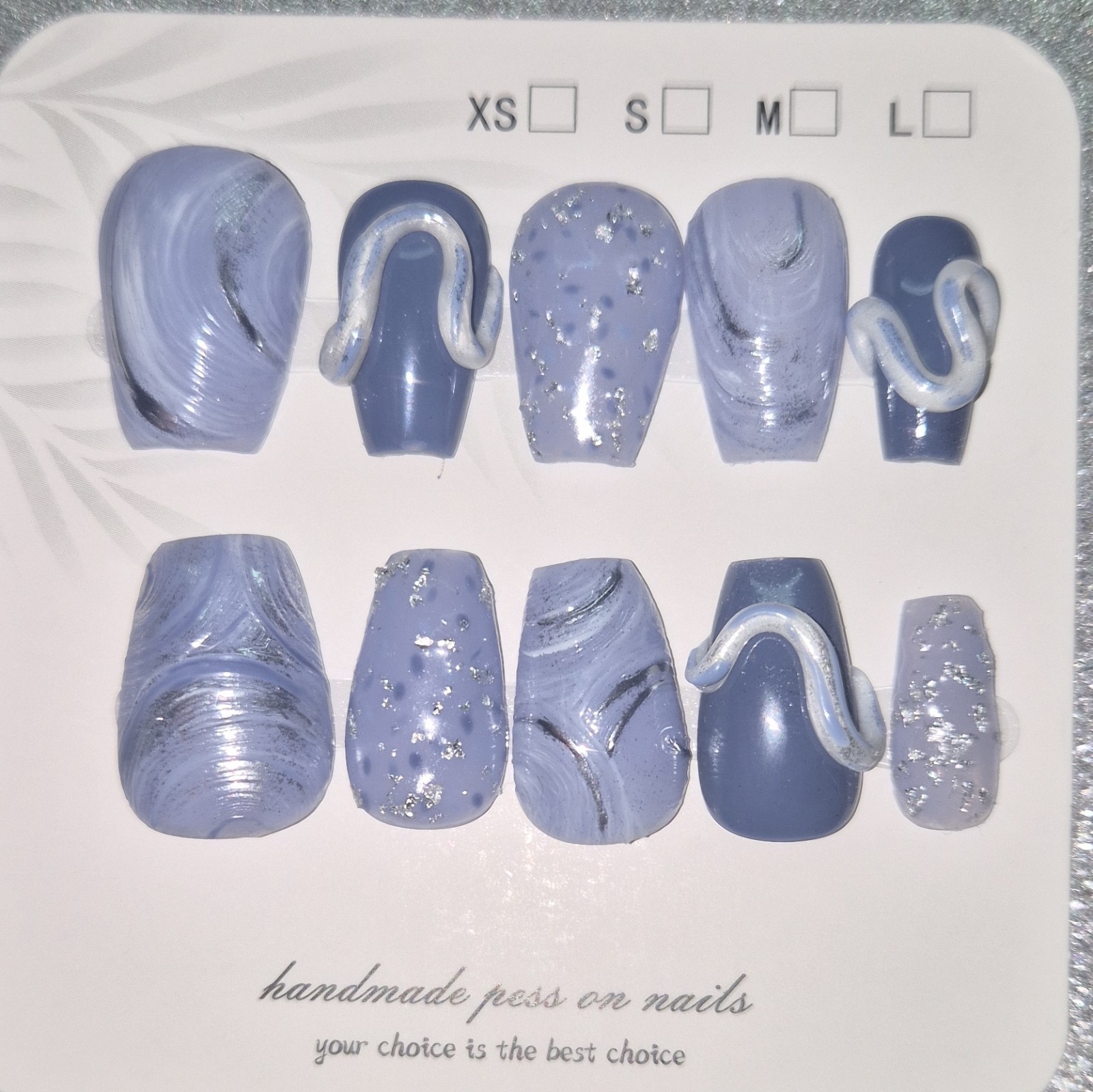 Blue Silver Glitter Abstract Short Coffin Press-On Nails Set Pre-Designed
