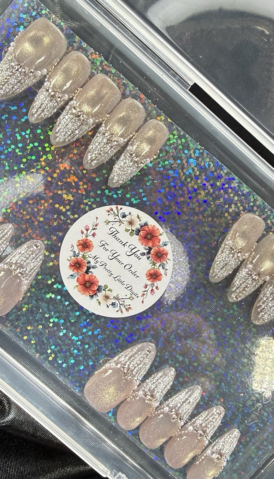 Handmade Press on nails, Silver Glitter Detailing in Long~Includes Free Gifts❣️
