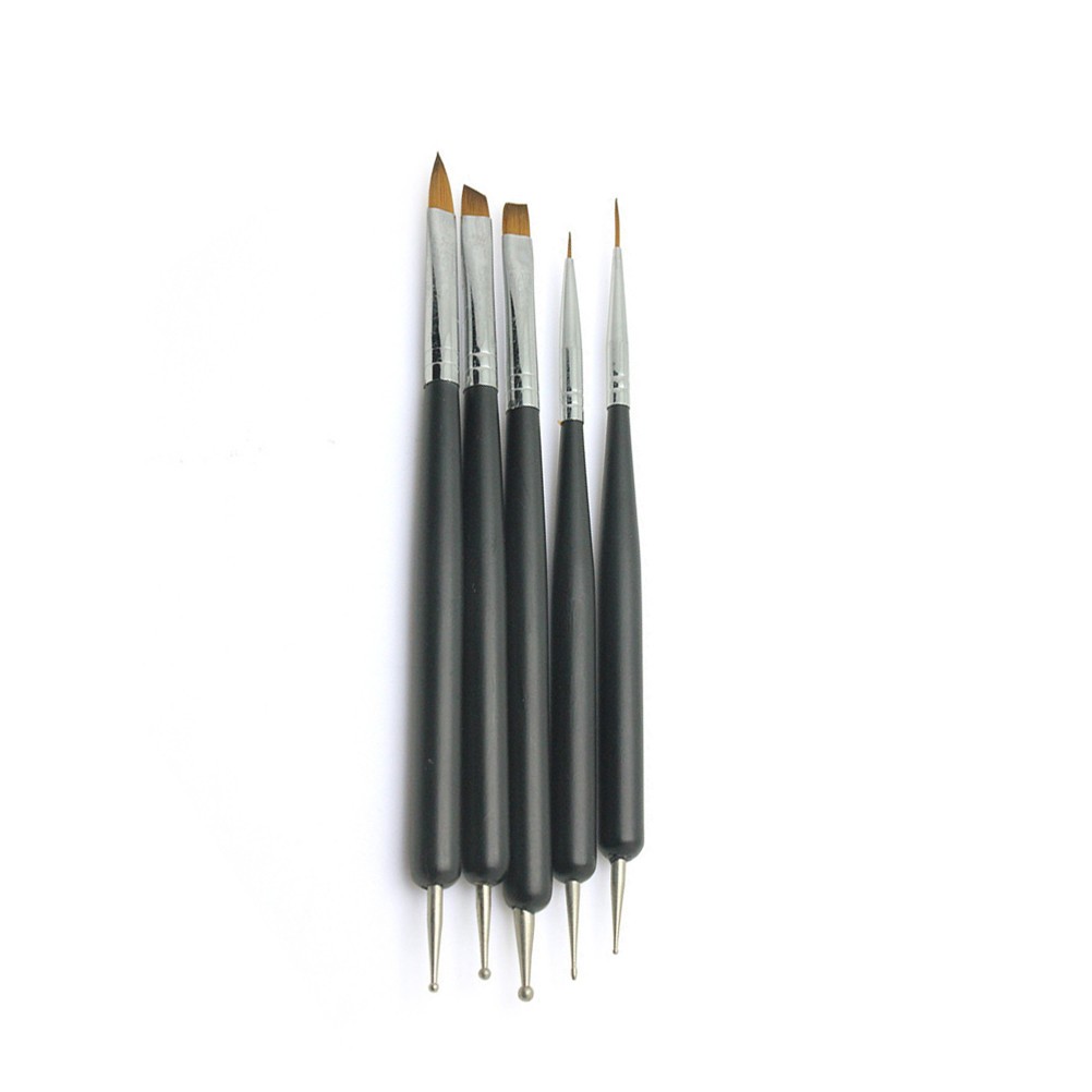 5Pcs Manicure Pen Set Double End Nail Brush and Carving Tip Black for Nail Art