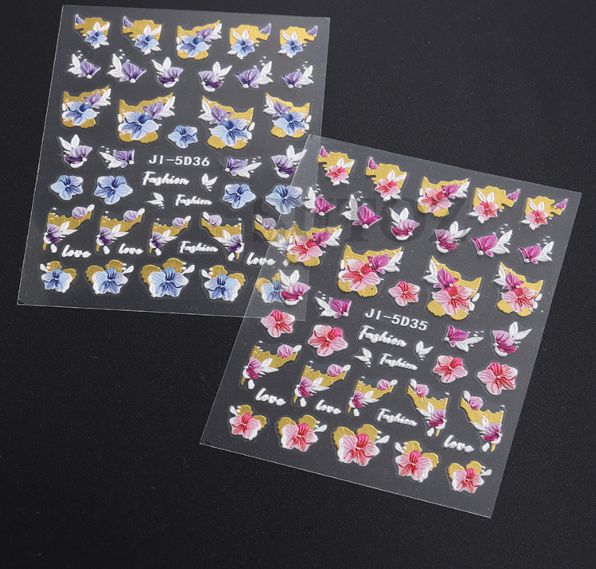 5D Embossed Blue Purple Butterfly Flower Cherry Love Nail Stickers Manicure NS54