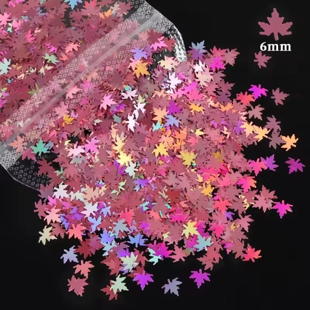 Holographic Nail Glitter Maple Leaf 1tsp In A Minibag Rose Pink