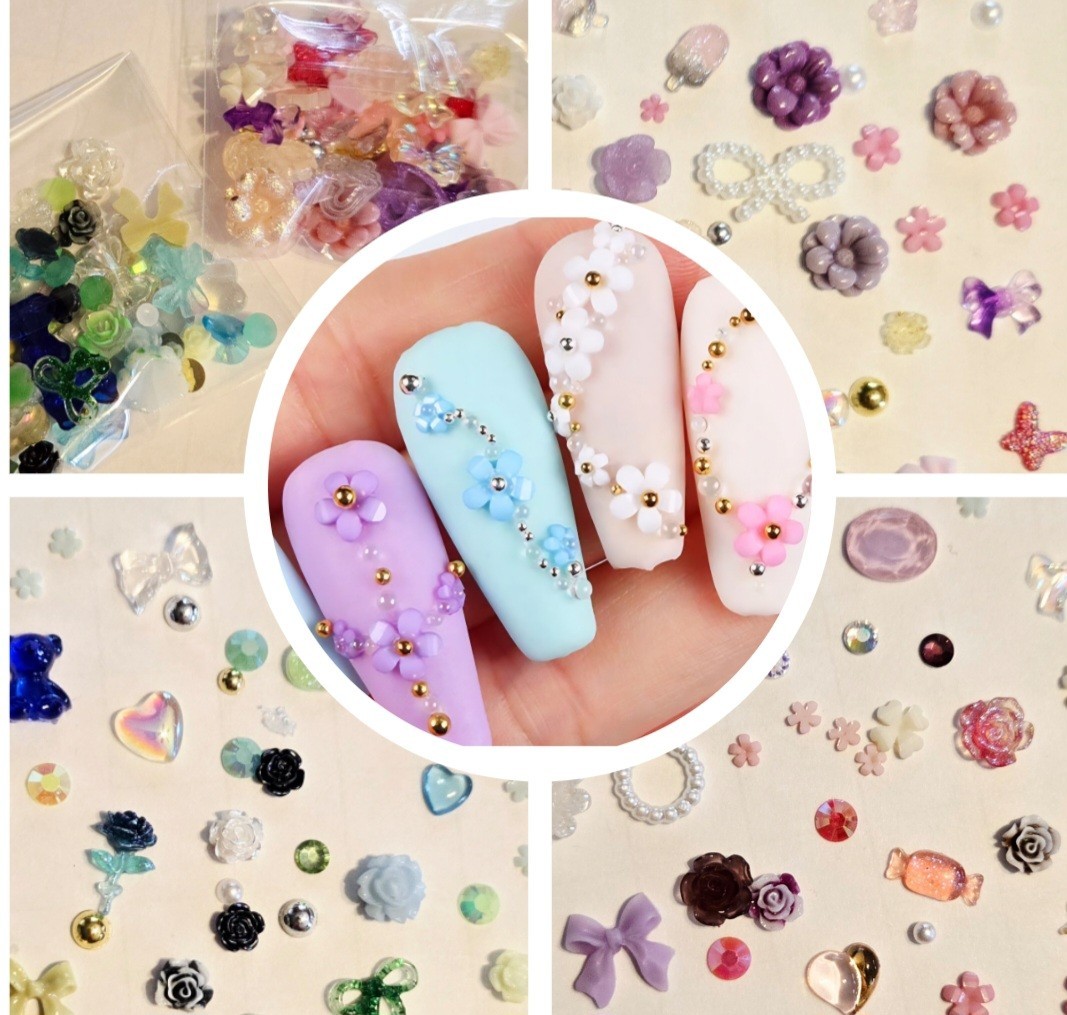 50 Pieces 3D Nail Art Charms Flowers Moons Bows Resin Multicolor Bling Roses