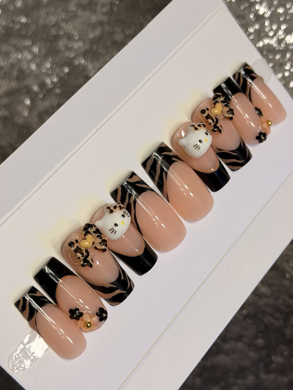 ✨ CUSTOM Press On Nails FRENCH BLACK HELLO KITTY BLING Flower 10p SET W Kit
