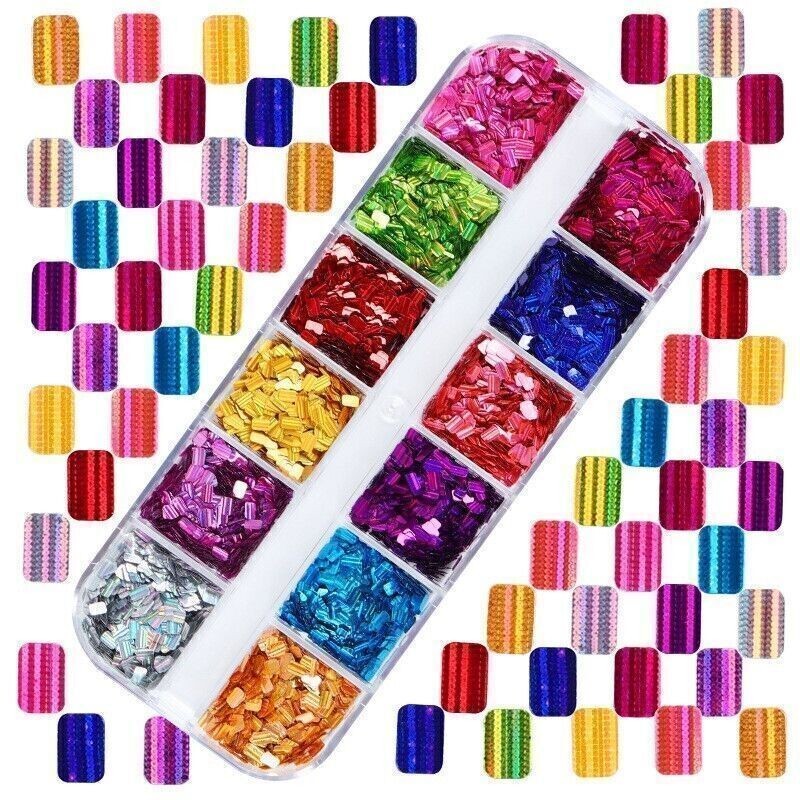 12 Grids Rectangle Nail sequins Glitter Flakes Slices False Nail Art Tips Decor