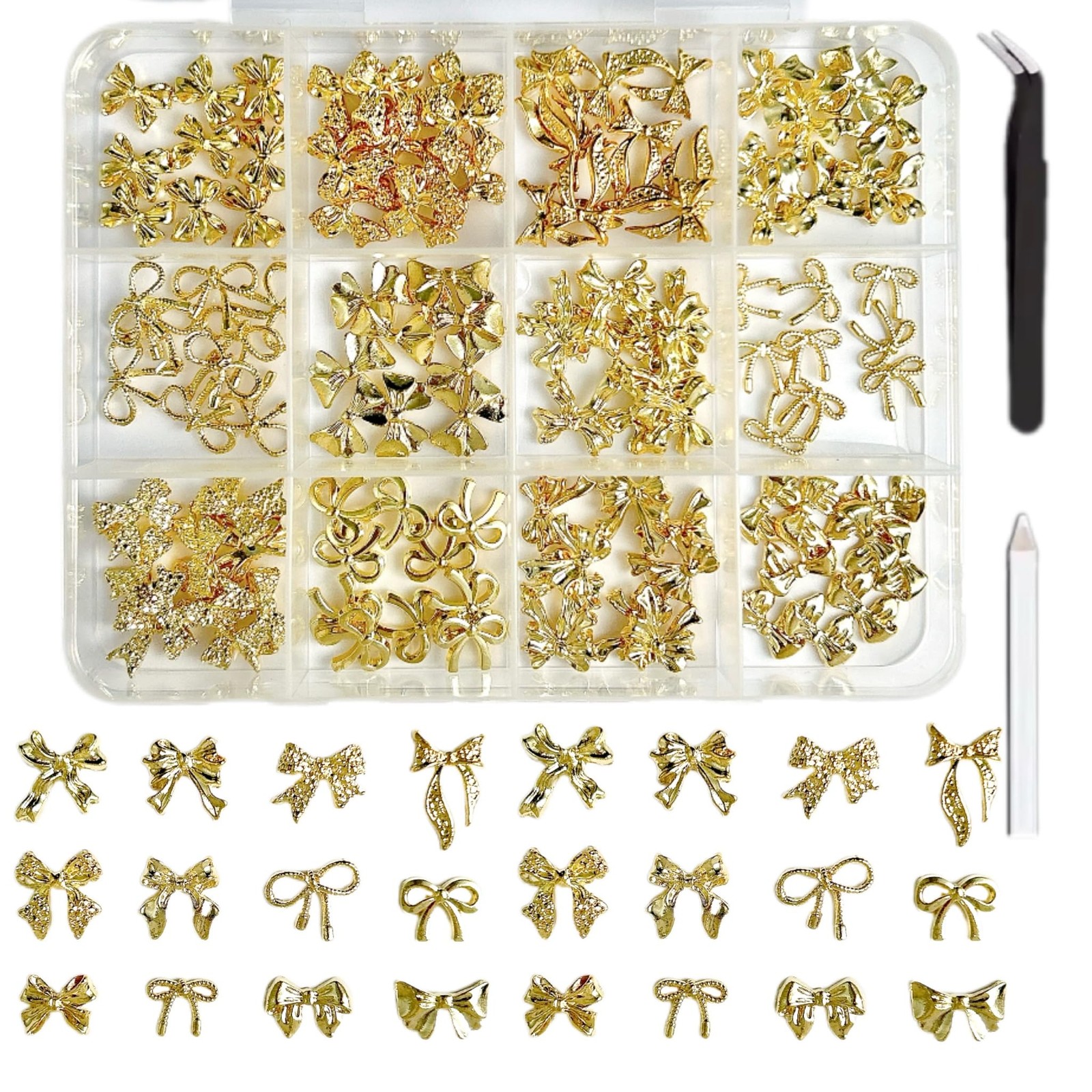 120Pcs Gold Bow Nail Charms, 3D Metal Alloy Bowknot Art Golden Bows 01