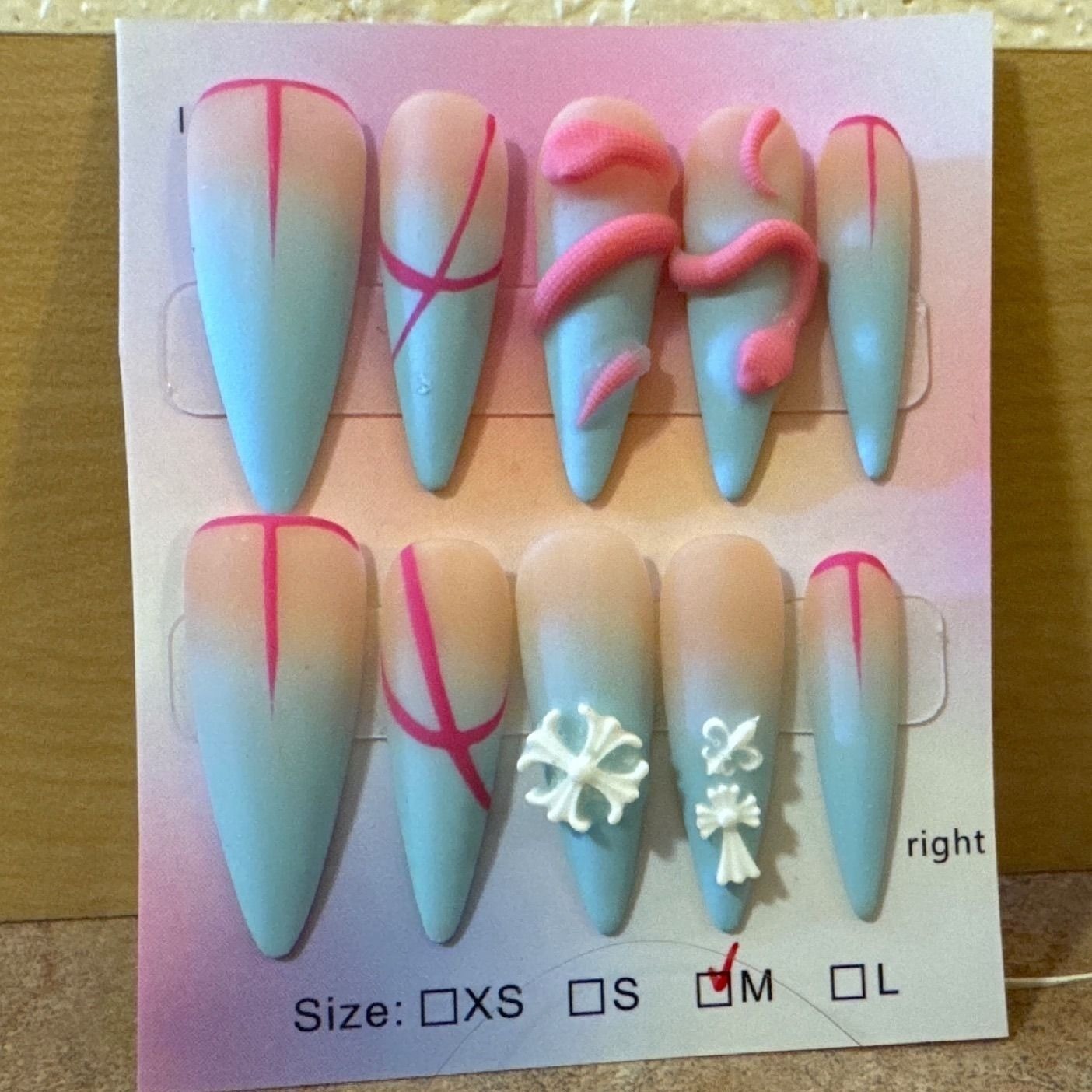 Blue Ombre Stiletto Press On Nails Pink 3D Snake White Cross Charms Size M 10pc
