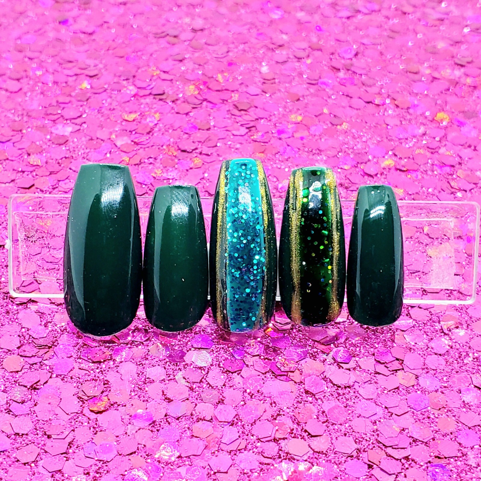Green Glitter Two Tone Gold Stripe Short Square Press On Nails Handmade Hard Gel