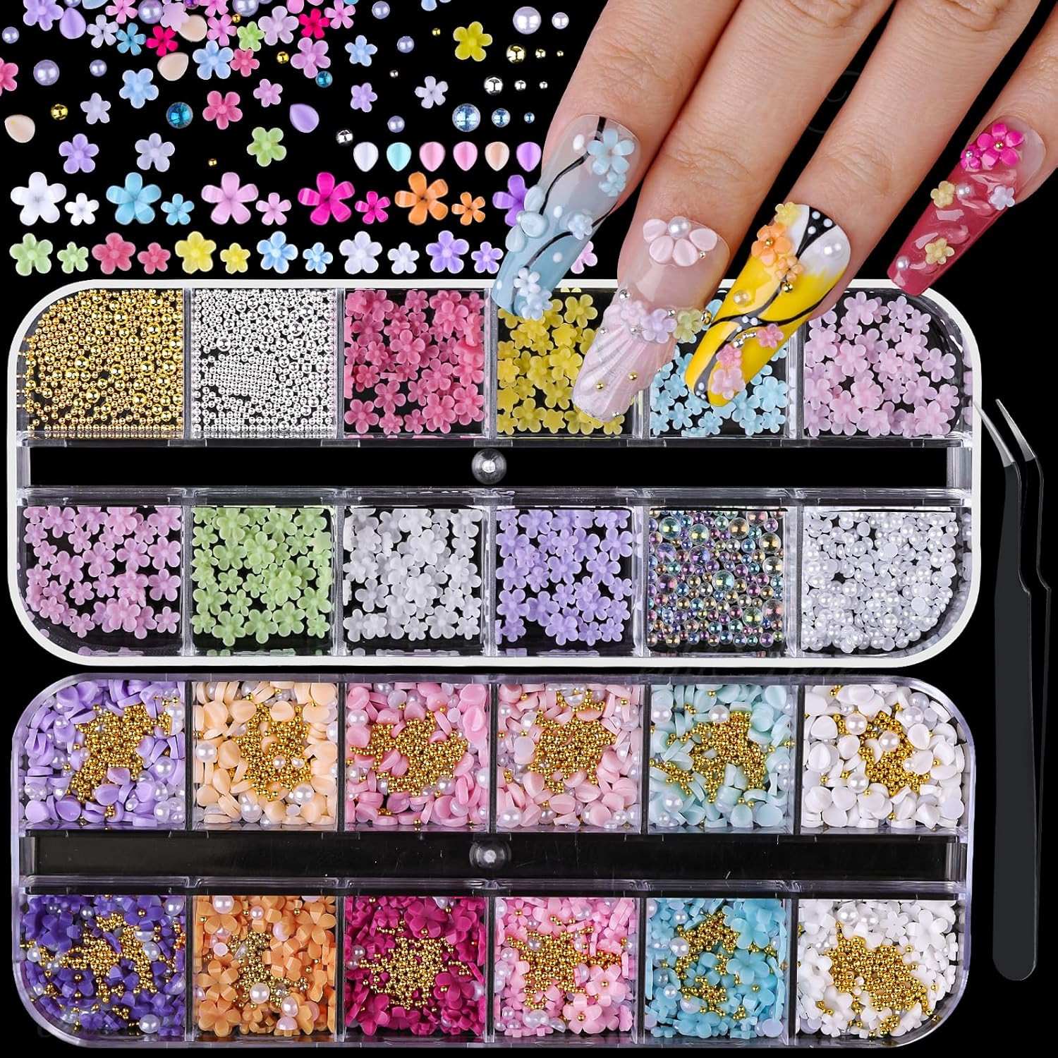 3D Flower Nail Charms, 2 Boxes 3D Flower Petals Nail Art Charms and Gems Cute Co