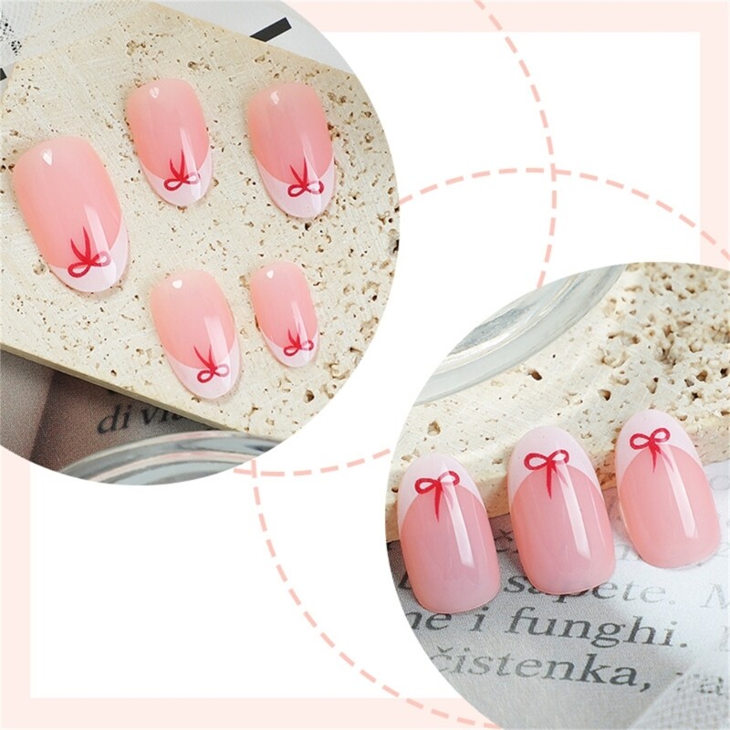 24 Pieces Short Length Almond Press On Glossy Bows Designs French Tip
