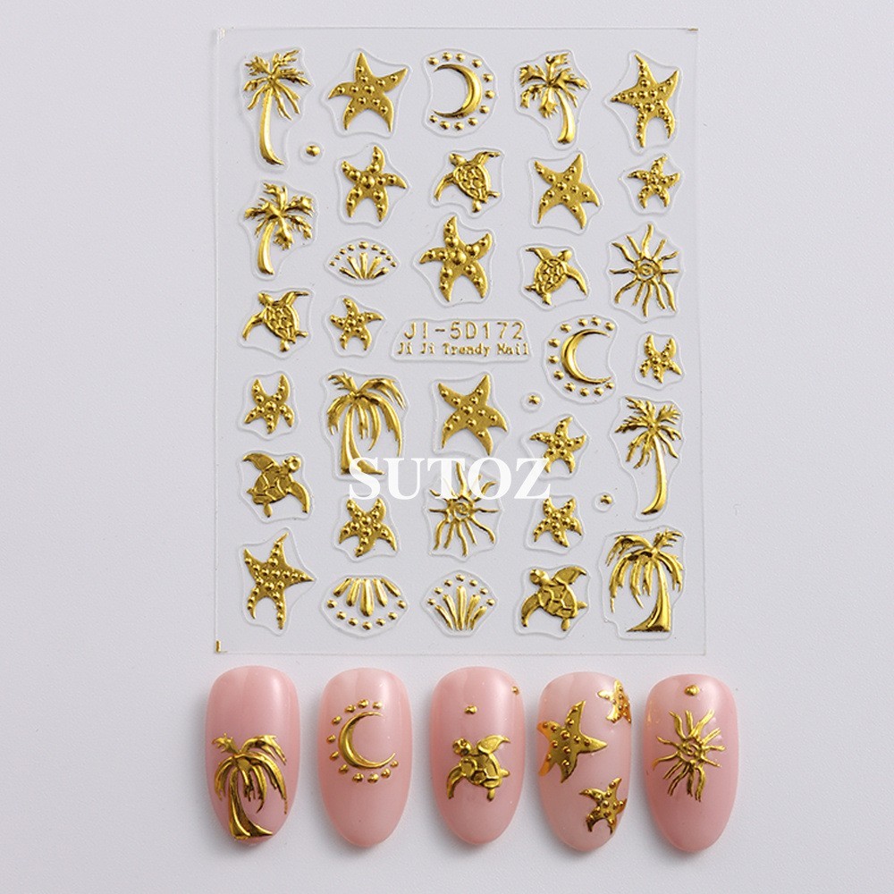 Gold Ocean Starfish Turtle Sun Palm Tree 5D Nail Stickers Embossed Decal J15D172