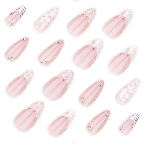 Black A33 Almond French Tip Press On Nails – Nude Pink Gold Line Lace Design