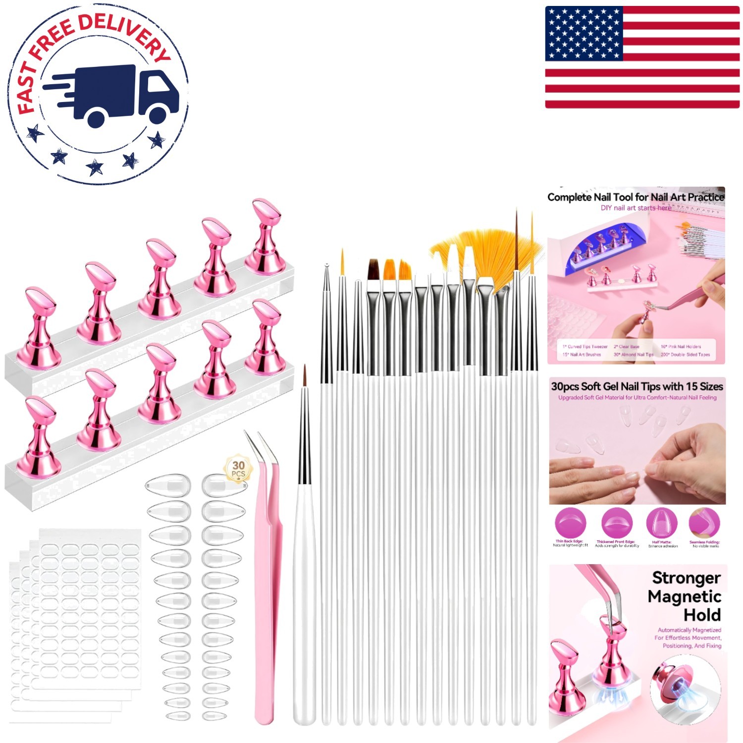 Complete 30pcs Press-On Nail Art Kit with Magnetic Stand & Brushes for Beginners