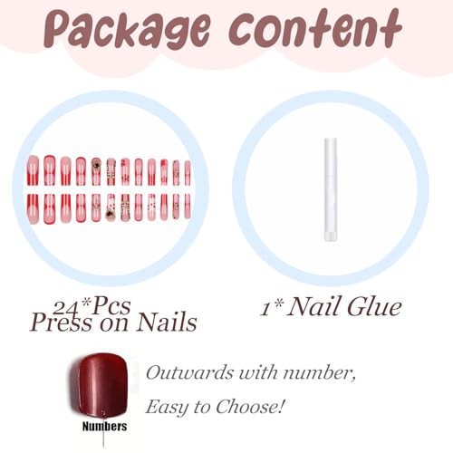Press on Nails Long Square Fake Nails Red French Tip Acrylic Nails FNP01red
