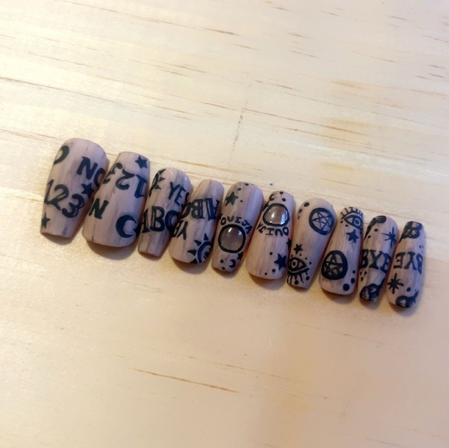 Homemade Ouija Medium Coffin Matte Poli-Gel Press-On Nails Set Beige Black