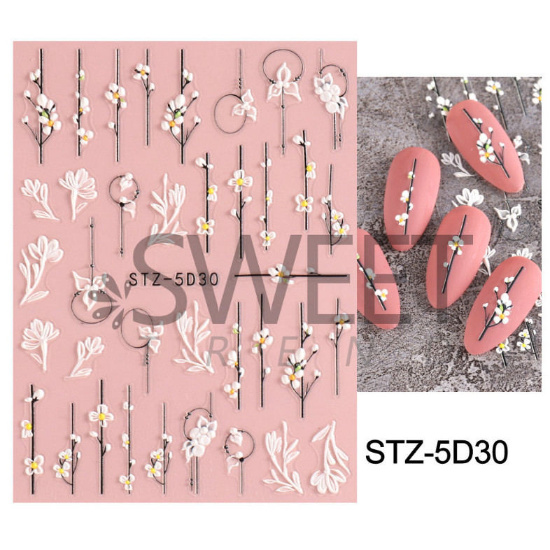 Pure White 5D Embossed Rose Flowers Butterfly Nail Stickers Adhesive Manicure