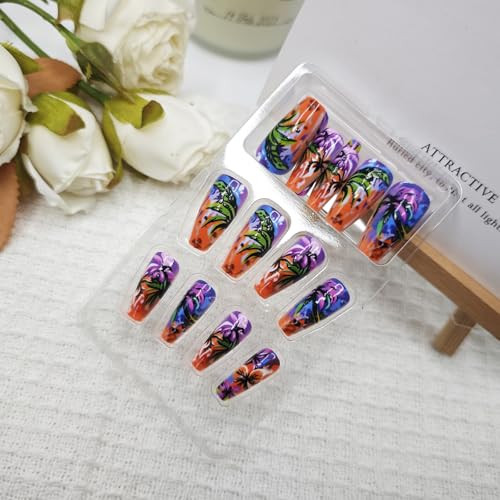 24Pcs Summer Press on Nails Medium Fake Nails with Colorful Coconut Tree A33