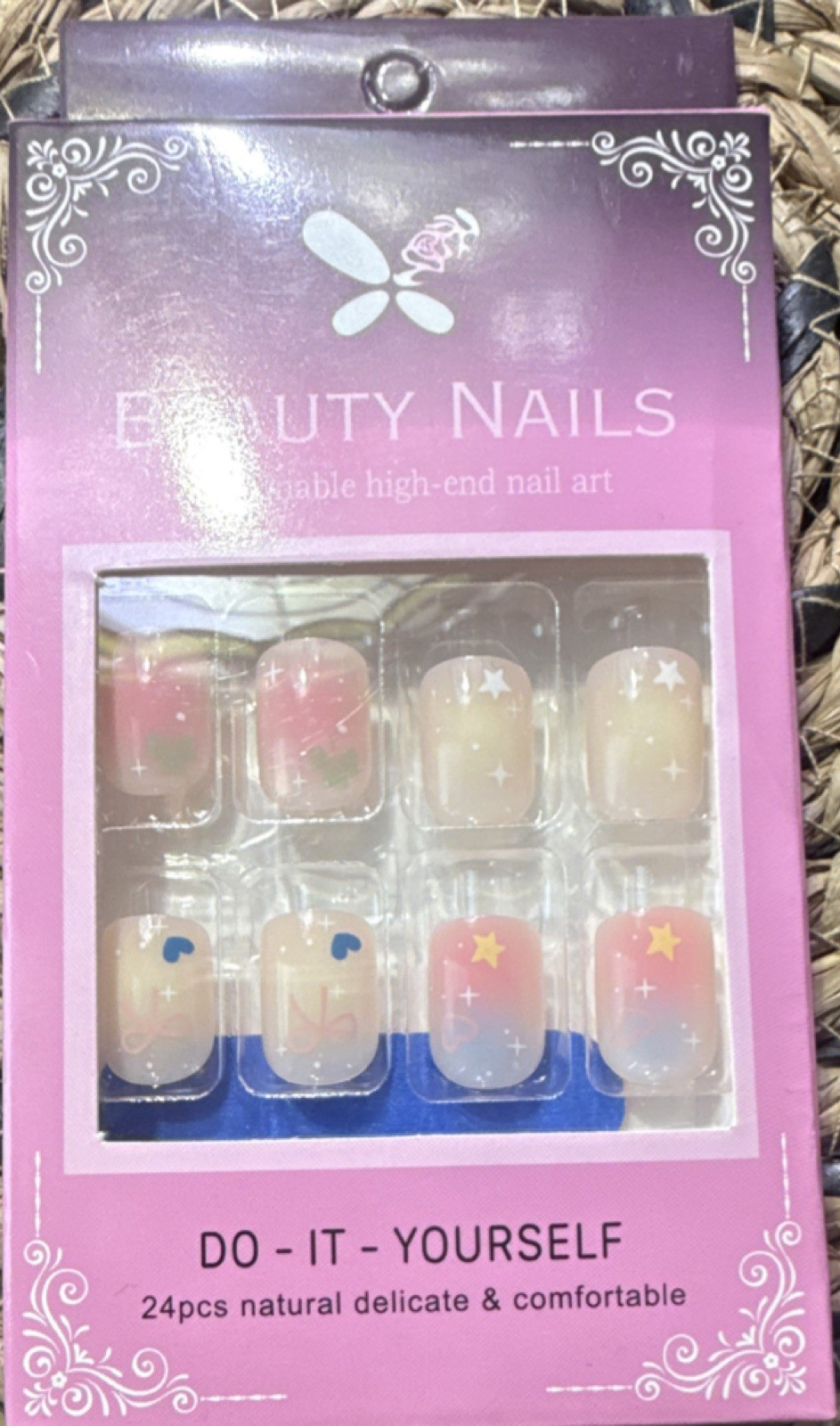 Beauty Nails Press-On Nails Set 24pcs Pink Beige Blue Shiny Square Star Design