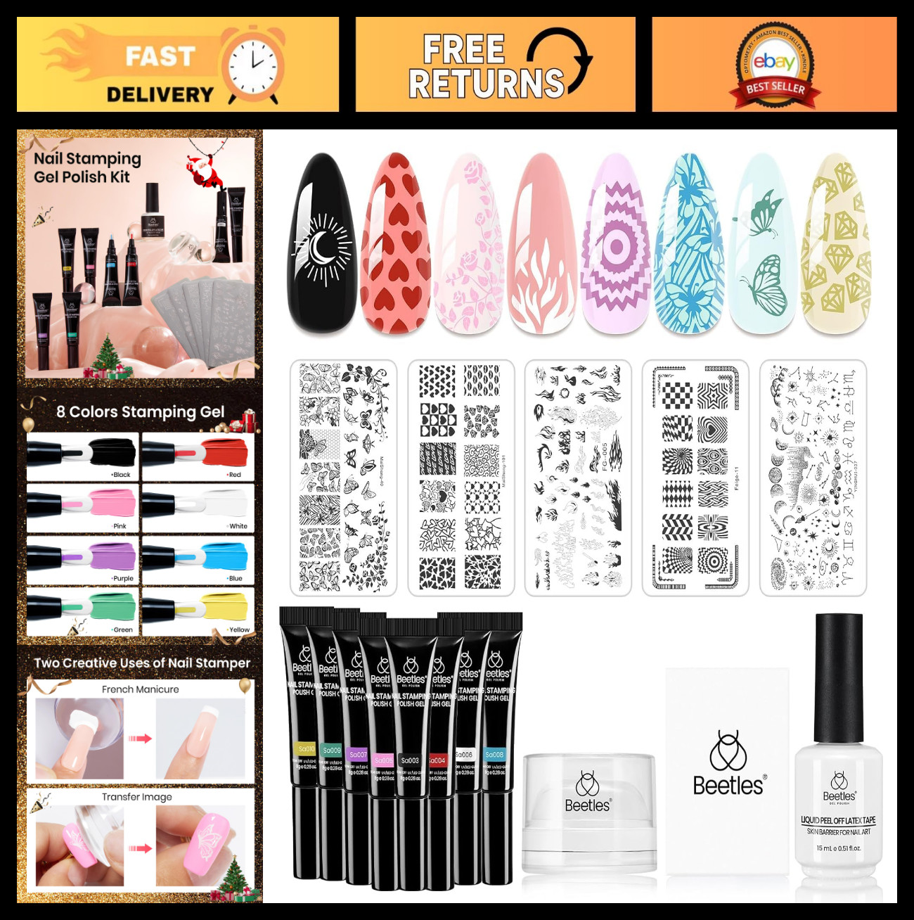 16Pcs French Tip Nail Stamp Kit – 8 Colors Gel Polish, Templates & Tools Set