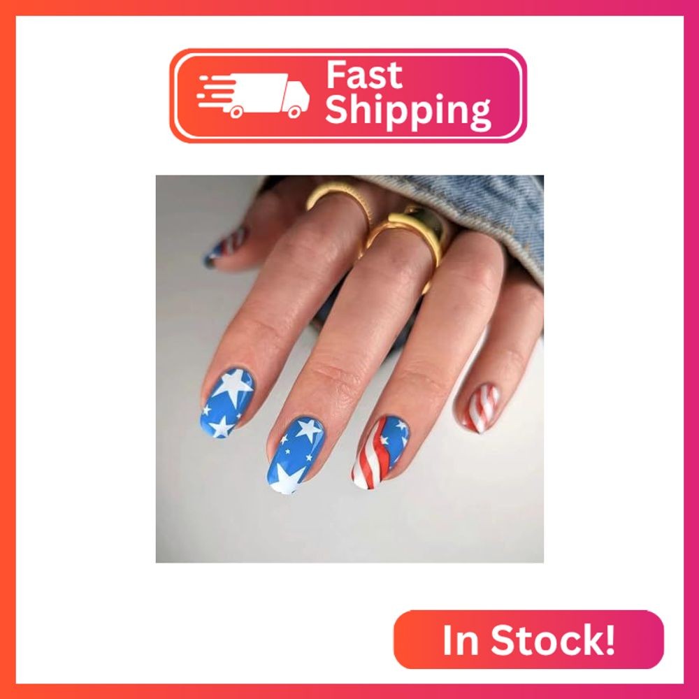 Tyuimhx 4th of July Press on Nails Medium Square Independence Day Fake Nails Red