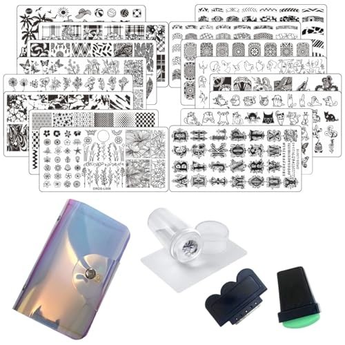 21 Pcs Nail Art Stamping Plates Set – 16 Plates, 2 Stampers, 2 Scrapers, Storage