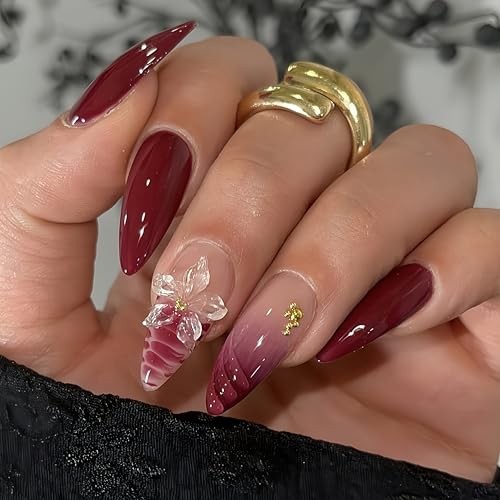 24Pcs Flower Press on Nails Medium Almond Fake Nails with Burgundy French Style