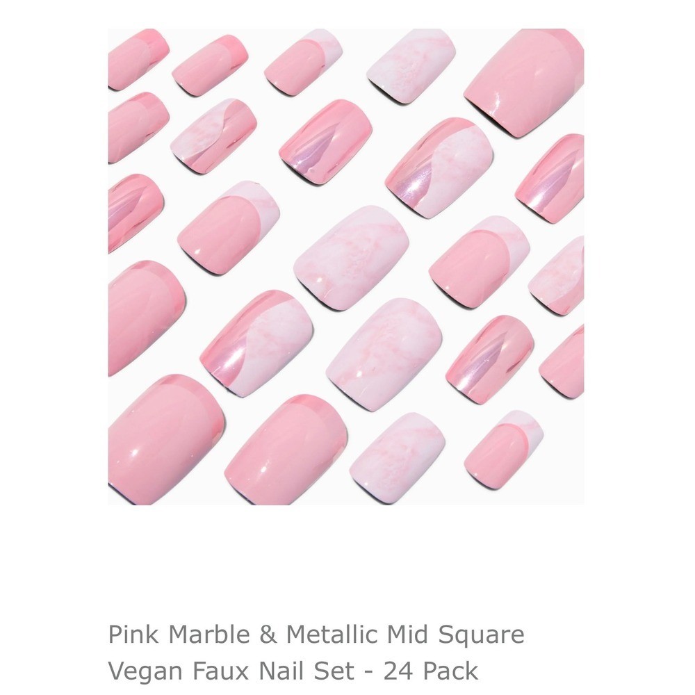 Claire’s Pink Marble Metallic Mid Square Vegan Faux Nail Set 24 Pack